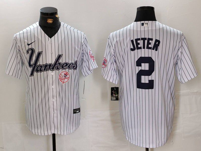 Men New York Yankees 2 Jeter White stripe Three generations of joint names Nike 2024 MLB Jersey style 3
